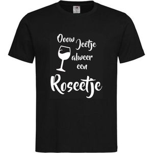 T-shirt Unisex Volwassenen Lol - carnaval - kermis - feestje - Wijn - Rose - grappig Tekst ""Oow jeetje alweer een roseetje"" Op Voorkant | korte mouw | Zwart/wit | maat L