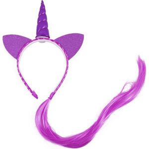Eenhoorn haarband paars unicorn diadeem met haar en oortjes - hoorn haar glitter vlecht extensions festival