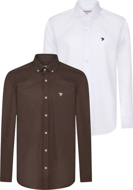 Felix Hardy - Multipack Overhemd - Wit - Donkerbruin - 97% Katoen - Heren - 2 Pack