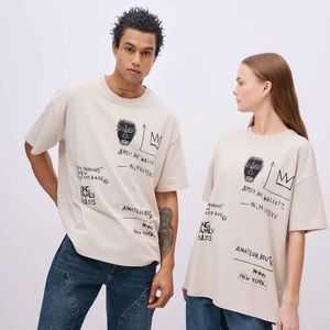 Jean Michel Basquiat Unisex Oversize Fit Crew Hals Rugbedrukking Korte Mouw Beige T-shirt (S)