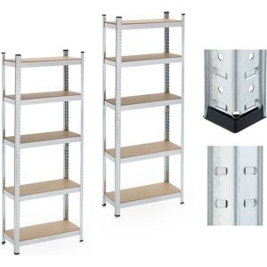 stellingkast set van 2 - 5 planken - 180x70x30 cm - tot 500 kg - staal - kelder - zilver