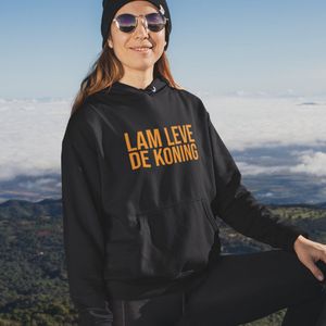 Zwarte Koningsdag Hoodie Lam Leve De Koning Oranje - Maat XS - Uniseks Pasvorm - Oranje Feestkleding