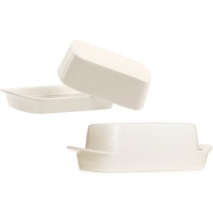 Set van 2x stuks witte botervloten van porselein met deksel 19 x 12 x 7 cm - Boterkuipje - Roomboter potjes