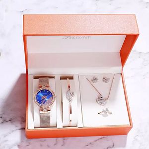 Horlogebox voor dames - geschenkdoos - cadeau set met horloge - oorbellen - ketting - ring - armband - valentijn cadeautje voor haar - rosegoud- silver- blauw