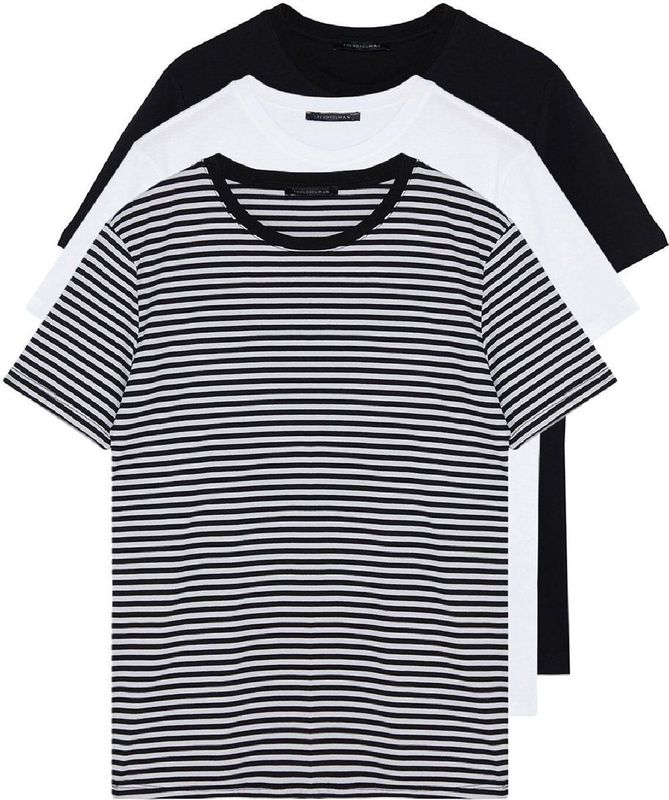 Trendyol - Tmnss19Bo0007 - T-shirt - Marineblauw-Zwart-Wit - 100% Katoen - 3-Pack
