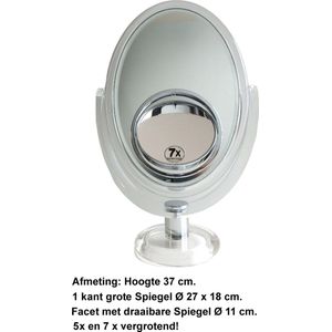 Rojafit Acrylence - Grote staande Make up Spiegel - Facet 27cm x 18cm.1kant 1x vergrotend - Draaibare ronde spiegel intern Ø 11 cm. 1 kant 5x en 1 kant 7x vergrotend - Acryl - Transparant – hoogte 37 cm.!!