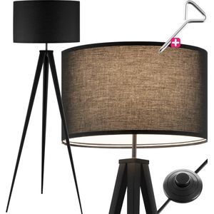 tectake® Vloerlamp - Staande lamp 3-poot - 158 cm hoog - Linnenlook kap - Voetschakelaar - zwart