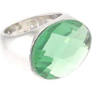 Behave - Ring - Zilverkleurige statement ring met grote ovale groene facetgeslepen glassteen – Nikkelvrij - 18mm