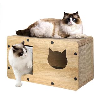 Kattenhuis van karton met kattenkrabplank, Furjoy kattenmand kattengrot voor binnenkatten met kattenkruid, eenvoudig te monteren kattenkrabmeubel voor diverse woondecoraties, 53 x 30 x 28 cm