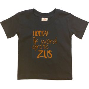 Shirt Aankondiging zwangerschap Ik word grote zus | korte mouw | Zwart/tan | maat 134/140 zwangerschap aankondiging bekendmaking Baby big sis sister