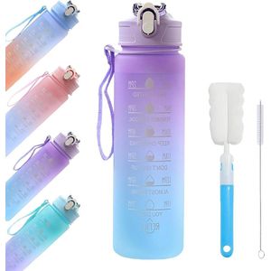 Waterfles sportwaterfles met rietje en tijdmarkeringen - Lekvrije Tritan BPA-vrij - Voor sportschool, kantines, mannen, vrouwen, meisjes en jongens - Verloop Paars 750ml waterfles