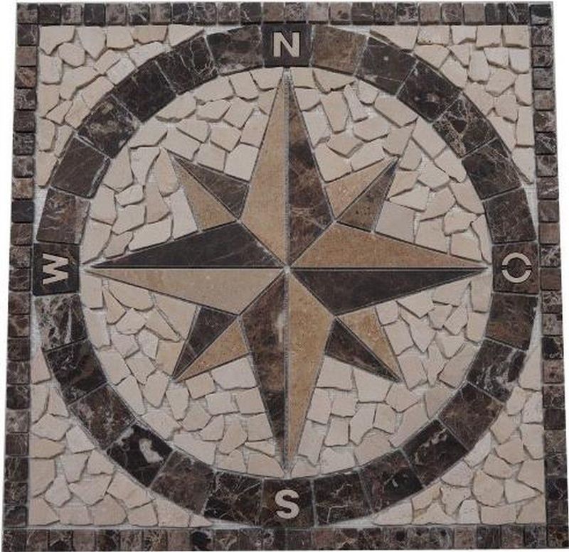 Mozaiek tegel - medallion - windroos - marmer - bruin creme beige - 60 x 60 cm -019
