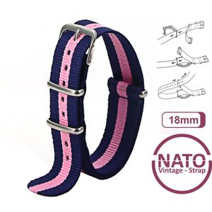 18mm Nato Strap Blauw met Roze streep - Vintage James Bond - Nato Strap collectie - Mannen - Horlogebanden - Blue Pink - 18 mm bandbreedte voor oa. Seiko Rolex Omega Casio en Citizen