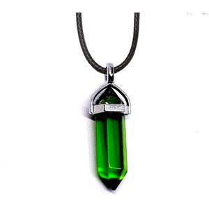 Bixorp Gems Donkergroene Opaliet Hanger aan Faux Leren Koord - Edelsteen Ketting - Edelstenen Staafje met Stainless Steel - 45/50cm Damesketting