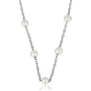 My Bendel Zilverkleurige dunne schakelketting met witte parels - Fijne zilverkleurige schakelketting met witte parels - Met luxe cadeauverpakking
