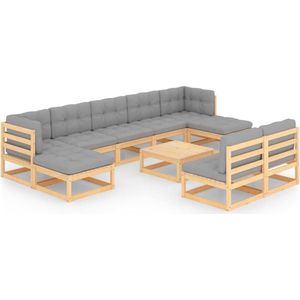 vidaXL Loungeset - 10-delig - Grenenhout - Grijs Tuinmeubels - Lounge Set - Houten Tuinmeubels - Grenenhouten Bank - Tuinset