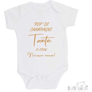 100% katoenen Romper """"Pop"" de champagne Tante is jouw nieuwe naam!"" Unisex Katoen Wit/tan Maat 56/62