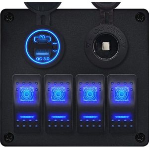 ProRide Schakelpaneel 12V voor Auto/Boot - USB/USB C Lader 2 Poorten met Sigaretten stopcontact - QC3.0 - 4 schakelaars