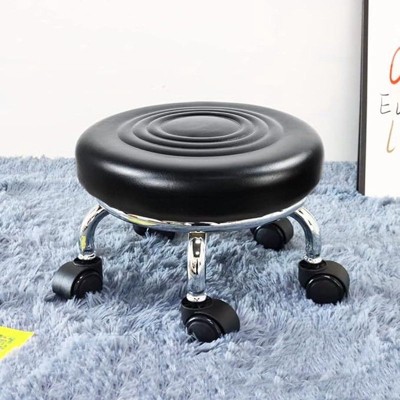 Moderne rolstoel PU leer lage ronde rolkruk Draaischarnier Kleine kruk met universele wielen voor Home Office Garage Shop Fitness Sport, H: 21,3 cm (Zwart)