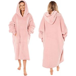 Extra Lange Oversized Deken Hoodie met Zakken en Mouwen - Zachte Sherpa Fleece, Blush Pink
