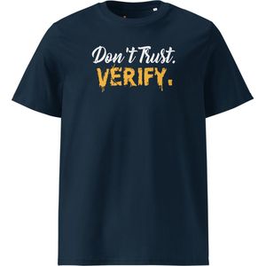 Don`t Trust Verify - Unisex - 100% Biologisch Katoen - Kleur Marine Blauw- Maat XL | Bitcoin cadeau| Crypto cadeau| Bitcoin T-shirt| Crypto T-shirt| Crypto Shirt| Bitcoin Shirt| Bitcoin Merch| Crypto Merch| Bitcoin Kleding