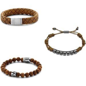 Frank 1967 7FR SET008 Armbanden Set Bruin - 3 Stuks - Leer, Hout en Natuursteen - One-size - Bruin