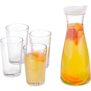 Relaxdays Waterkan met glazen - schenkkan - 1L - schenkdop - 4 drinkglazen - transparant