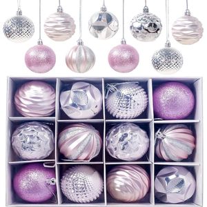 Kerstballen, 12 stuks kerstballen, kerstboomversiering, mat, glanzend, glinsterende kerstballen met een diameter van 6 cm, roze
