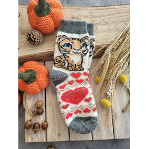 Warme 100% wol sokken Poesje maat 37-39