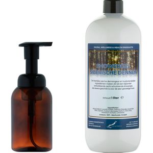 Zeepdispenser 300 ml amber bruin hervulbaar + 1 liter Showergel Siberische Dennen navulling