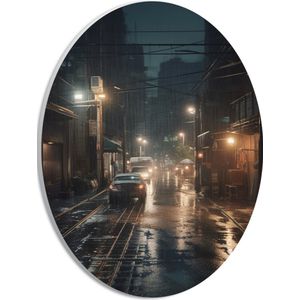 PVC Schuimplaat Ovaal - Avond - Regen - Auto - Lichten - 21x28 cm Foto op Ovaal (Met Ophangsysteem)
