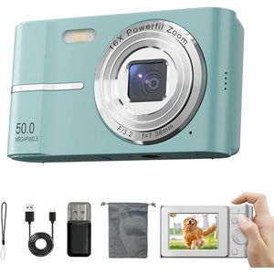 Esthetische digitale camera uit de jaren 2000 - HD-beeldstabilisatie FHD 1080p compactcamera, 16x digitale zoom 50 MP, 2,4-inch LCD-scherm, autofocus, geschikt voor jongens, meisjes, volwassenen en beginners - 32 GB (groen)
