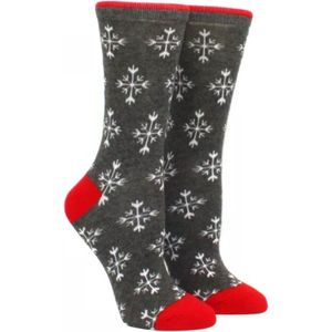 Sokken - Happy socks - Kerstsokken - Grijs met Rood - Kerstsok voor Dames, Heren en Kinderen - Unisex - Kerstkleding - Christmas - Kerst - Sokken - Rood met Sneeuwvlok - Maat 35-42 - 1 paar