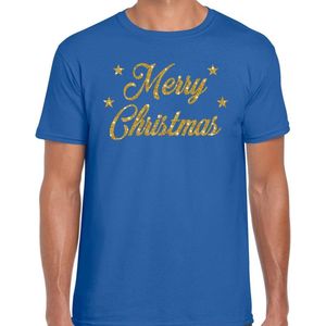Fout Kerst shirt / t-shirt - Merry Christmas - goud / glitter - blauw - heren - kerstkleding / kerst outfit S