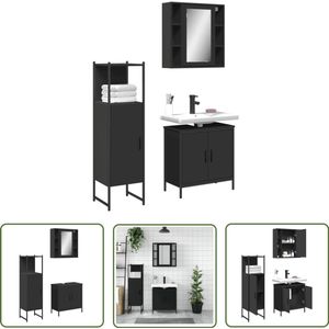 The Living Store 3-delige Badkamerkastenset bewerkt hout zwart - Badkamermeubilair - Badkamerinrichting - Zwarte Badkamer - Opslagoplossing Badkamer - Badkamer Kast