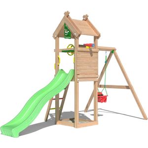 Jungle Gym speeltoestel van douglas hout - Jungle Tent met groene glijbaan - Tuin speeltoestel voor buiten met zandbak, schommel en speelhuisje
