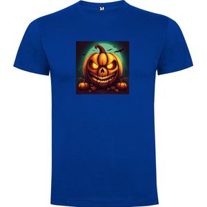Kobalt Blauw T-Shirt met “ Kleurrijke Halloween Spooky Pompoen Face “ Print Full Color Maat 3XL