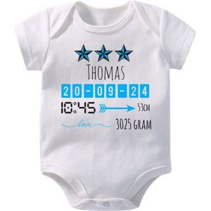 Hospitrix Baby Rompertje met Geboortegegevens Blauw Jongen | Korte Mouw | Cadeau voor Zwangerschap | Bekendmaking | Aankondiging