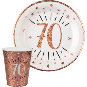 Verjaardag feest bekertjes en bordjes leeftijd - 20x - 70 jaar - rose goud - karton