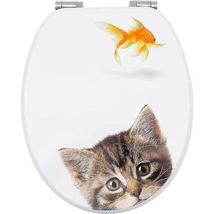 Toiletbril van Hout met Soft-Close Mechanisme - WC Deksel met Motief - Eenvoudige Montage - Toiletbril met Kattenafbeelding