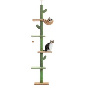 Krabpaal Cactus - Cactus kattenboom van vloer tot plafond kattentoren met verstelbare hoogte (229-275cm), 5 lagen klimactiviteitencentrum voor katten met gezellige hangmat, platforms en bungelende ballen voor indoor katten [Energieklasse A]