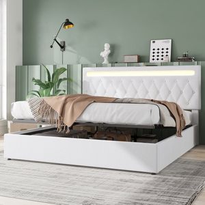 Merax Kingsize Bed 180x200cm met LED-Verlichting en USB Aansluiting - Gestoffeerd Bed met Hydraulisch Opbergruimte - Wit