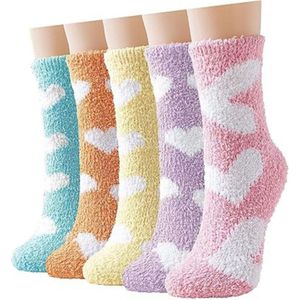 5 paar schattige sokken voor dames | Winter warme, donzige hartvormige sokken | Dikke en zachte warme sokken voor thuis | Comfortabele warme, zachte dikke wintersokken voor thuis | Winter dikke, warme mid-tube sokken van koraalfleece | 36-42