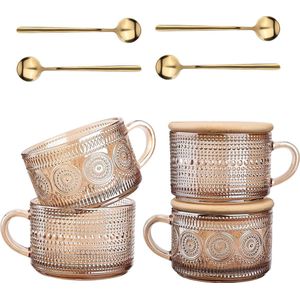 Set van 4 vintage koffiekopjes, glazen theekopjes, heldere glazen kopjes met bamboe, ontbijtkopjes, voor cappuccino, latte, muesli, yoghurt, melk, verjaardag, kerstdag (barnsteen)