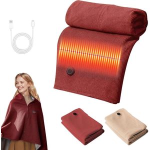 Draagbare verwarmingsdeken, dames verwarmingsdeken, draagbare zachte elektrische deken met rits, draagbare draadloze verwarmingsdeken voor buiten met 3 verwarmingsstanden (powerbank niet inbegrepen) Bordeauxrood