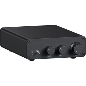 Mini Versterker - Versterker HiFi - Digitale Audio Ontvanger - voor Passieve Home Luidsprekers - met Treble - Bass Controle - 2 Kanaals - 600W - ‎230V - RCA - 20Hz-40kHz - 90 dB - 10.5 x 14.2 x 4 cm - Zwart
