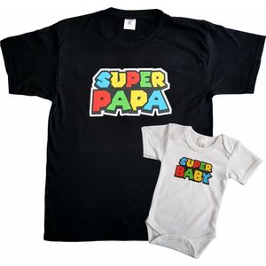 Set t-shirt en romper met ""Super papa"" en ""Super baby"" - maat t-shirt 5XL - maat romper 80 - vaderdag, cadeautje, kraamcadeau, grappig, geschenk, baby, tekst, gamen, games, XXXXXL