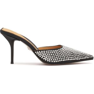 Black heeled mules with silver crystals
