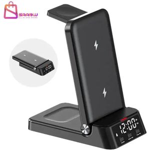 SAABW 3-in-1 Draadloos Oplaadstation met Wekker & Nachtlampje – draadloos oplader iPhone, Apple Watch & AirPods – Inklapbaar 3 in 1 draadloze oplader– Inclusief 18W Adapter – Zwart