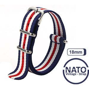 18mm Premium Nato Strap Rood Wit Blauw gestreept - Vintage James Bond - Nato Strap collectie - Mannen - Horlogeband - 18 mm bandbreedte voor oa. Seiko Rolex Omega Casio en Citizen